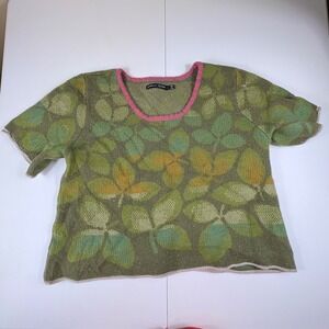 Gudrun Sjoden Leaf Print Short Sleeve Wool Blend Knit Sweater Womens L